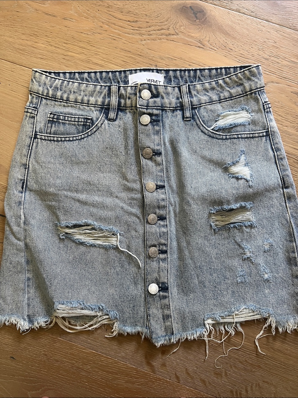 Vervet Light Blue Distressed Denim Button-Front Mini Skirt